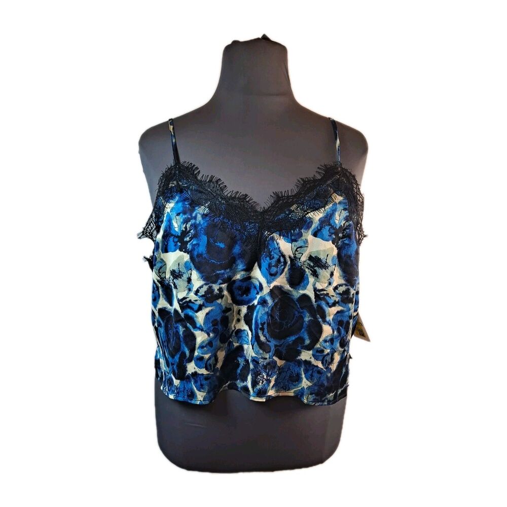 Open Edit Women's Eyelash Lace Trim Camisole Size 1X Blue Floral Abstract